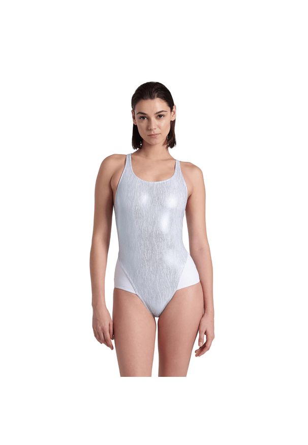 Strój kąpielowy damski połyskujący z siateczką Arena Mesh Power White. Kolor: biały, wielokolorowy. Materiał: mesh