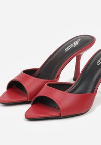 Born2be - Bordowe Klapki na Szpilce z Otwartym Noskiem w Szpic Sewnessa. Okazja: na spotkanie biznesowe, do pracy. Nosek buta: otwarty. Kolor: czerwony. Materiał: jeans, koronka. Obcas: na szpilce. Styl: biznesowy, elegancki #4