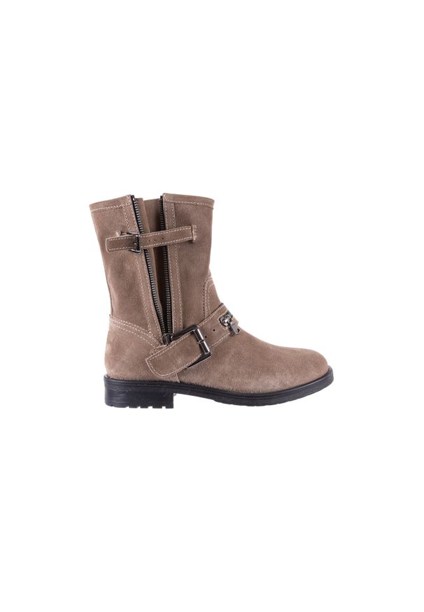 Botki Bayla-164 Top 25 Beige 164007, Beż, Skóra naturalna. Okazja: na co dzień. Zapięcie: klamry. Kolor: beżowy. Szerokość cholewki: normalna. Materiał: nubuk. Sezon: jesień. Obcas: na obcasie. Styl: rockowy, casual, klasyczny. Wysokość obcasa: średni