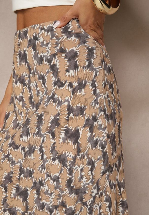 Renee - Szaro-Beżowa Rozkloszowana Spódnica z Wiskozy High Waist Fevanice. Okazja: na co dzień. Stan: podwyższony. Kolor: szary. Materiał: wiskoza. Styl: elegancki, casual