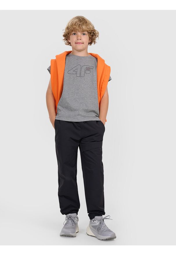 4f - 4F T-shirt regular z nadrukiem chłopięcy - szary 128 (7-8 lat). Okazja: na co dzień. Kolor: szary. Materiał: jersey, bawełna, materiał. Długość rękawa: krótki rękaw. Długość: krótkie. Wzór: nadruk. Sezon: lato. Styl: sportowy, klasyczny, casual