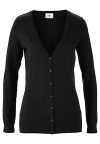 Sweter rozpinany z gładkiej dzianiny z plisą guzikową bonprix czarny. Kolor: czarny. Materiał: dzianina. Wzór: gładki #1