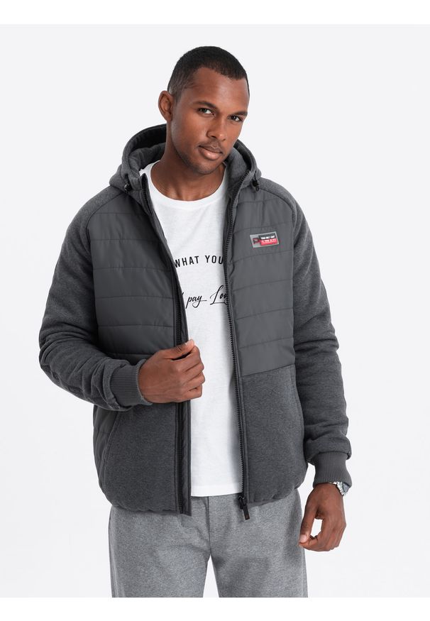 Ombre Clothing - Pikowana kurtka męska z dzianinowymi rękawami i kapturem – ciemnoszara V3 - Rozmiar: L. Typ kołnierza: kołnierzyk stójkowy. Kolor: szary. Materiał: dzianina. Wzór: gładki. Styl: elegancki, sportowy