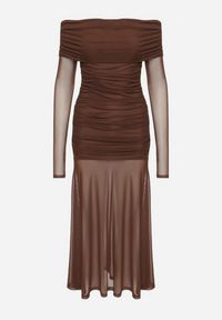 Born2be - Brązowa Taliowana Sukienka Typu Hiszpanka z Transparentnymi Wstawkami Halacia. Typ kołnierza: dekolt hiszpanka. Kolor: brązowy. Styl: elegancki #5