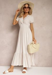 Renee - Jasnobeżowa Boho Sukienka z Bawełny o Kopertowym Fasonie Rissatina. Okazja: do pracy. Typ kołnierza: dekolt w kształcie V. Kolor: beżowy. Materiał: bawełna. Typ sukienki: kopertowe. Styl: boho #4