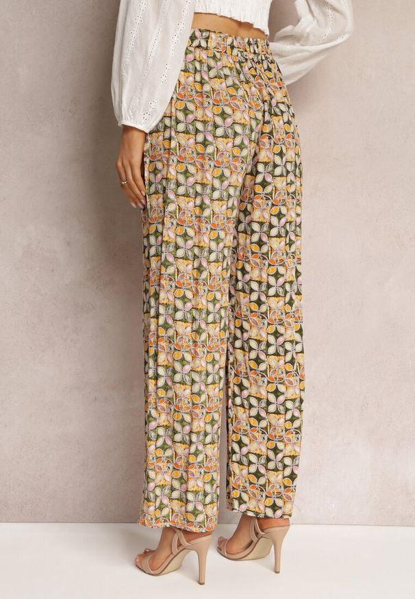 Renee - Zielono-Beżowe Wiskozowe Spodnie High Waist Szerokie z Gumką w Pasie i Kieszeniami Aizha. Stan: podwyższony. Kolor: zielony. Materiał: wiskoza