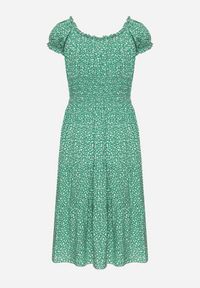 Born2be - Zielona Bawełniana Sukienka w Drobne Kwiaty z Gumkami w Talii Fielita. Kolor: zielony. Materiał: bawełna. Długość rękawa: krótki rękaw. Wzór: kwiaty. Sezon: lato. Styl: elegancki #2