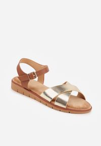 Renee - Złote Płaskie Sandały VICES z Cholewką ze Skrzyżowanymi Paskami Emelika. Zapięcie: pasek. Kolor: złoty. Wzór: haft. Styl: boho #2