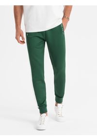 Ombre Clothing - Dresowe męskie spodnie joggery z kontrastowymi lampasami – ciemnozielone V7. Kolor: zielony. Materiał: dresówka. Wzór: aplikacja. Styl: retro, sportowy