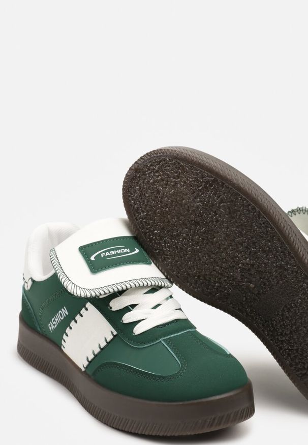 Born2be - Zielone Sneakersy na Grubej Podeszwie z Kontrastującymi Wstawkami i Wywiniętym Językiem Mirinae. Nosek buta: okrągły. Zapięcie: sznurówki. Kolor: zielony. Materiał: materiał. Obcas: na obcasie. Wysokość obcasa: niski