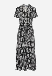 Born2be - Czarna Sukienka Koszulowa w Geometryczny Wzór Zapinana na Guziki z Materiałowym Paskiem Thilea. Okazja: na spotkanie biznesowe. Kolor: czarny. Materiał: materiał. Wzór: geometria. Typ sukienki: koszulowe. Styl: biznesowy #4