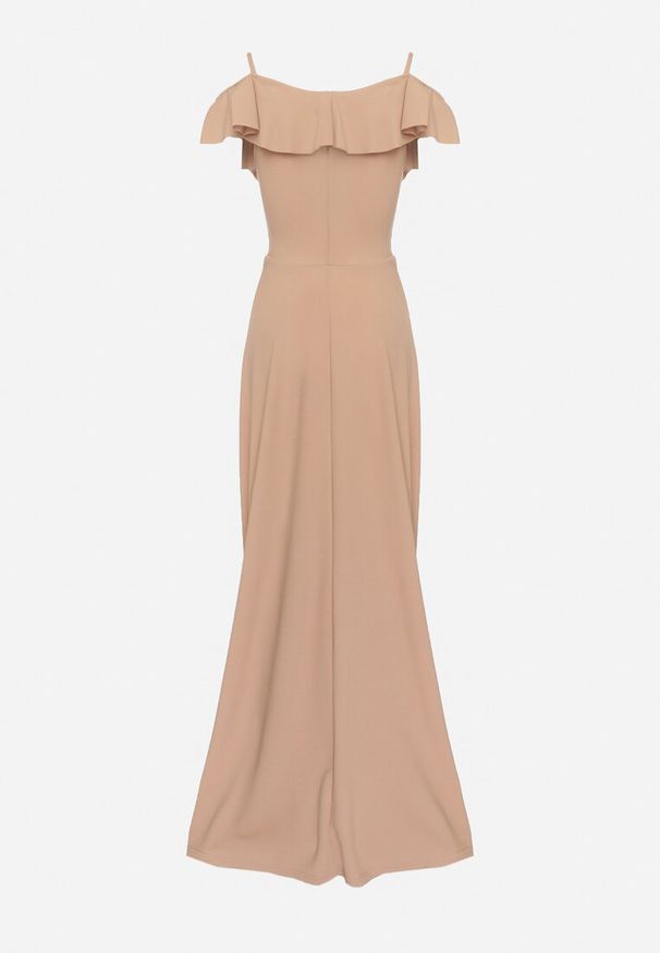 Born2be - Beżowa Koktajlowa Sukienka na Ramiączkach z Falbankami i Rozcięciem Waterlily. Typ kołnierza: kołnierz z falbankami. Kolekcja: dla wysokich. Kolor: beżowy. Długość rękawa: na ramiączkach. Styl: wizytowy. Długość: maxi