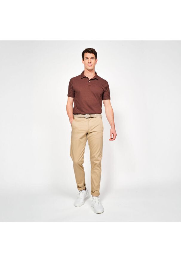 INESIS - Koszulka polo do golfa z krótkim rękawem męska Inesis MW500. Typ kołnierza: golf, polo. Kolor: brązowy. Materiał: bawełna, poliester, materiał. Długość rękawa: krótki rękaw. Długość: krótkie. Styl: sportowy, klasyczny