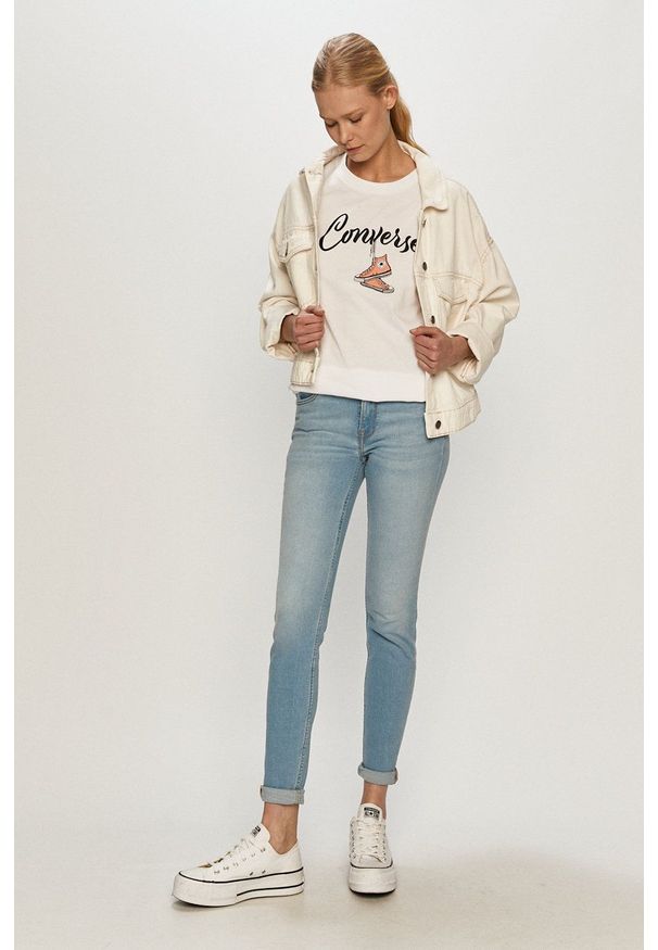 Lee jeansy Scarlett Bleached Azur damskie regular waist. Kolor: niebieski
