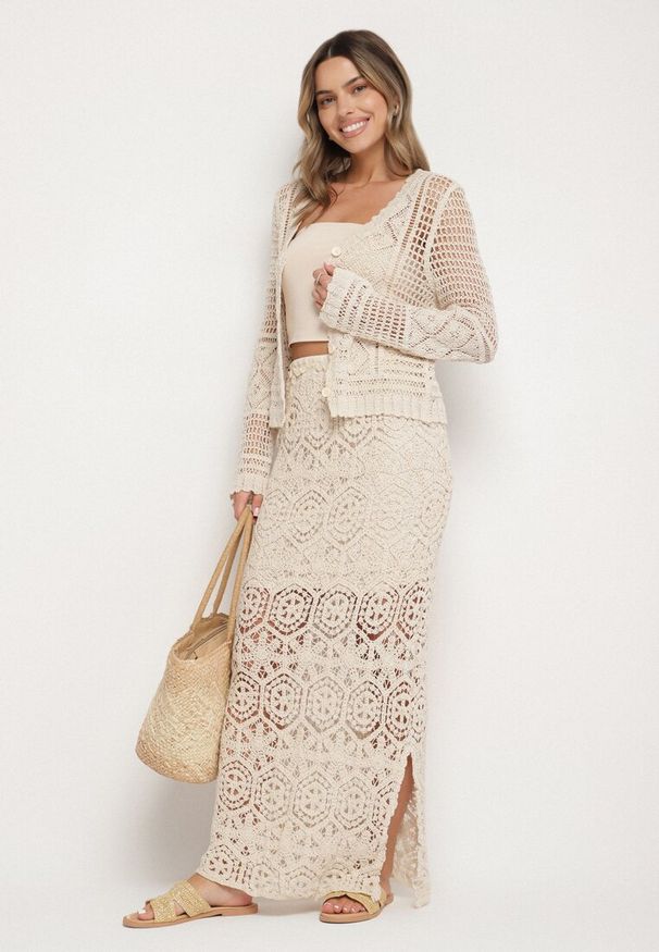 Born2be - Beżowy Ażurowy Kardigan z Bawełny Kolurelle. Okazja: na co dzień. Kolor: beżowy. Materiał: bawełna. Wzór: ażurowy. Styl: casual