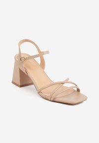 Born2be - Ciemnobeżowe Eleganckie Sandały VICES na Słupku z Kwadratowym Noskiem Mereris. Okazja: na ślub cywilny, na wesele. Zapięcie: pasek. Kolor: beżowy. Wzór: paski. Obcas: na słupku. Styl: elegancki. Wysokość obcasa: średni #3