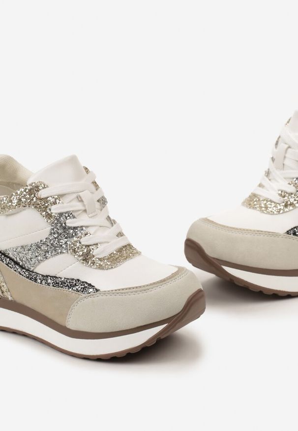 Born2be - Szaro-Złote Sneakersy na Ukrytym Koturnie Ozdobione Brokatem Yavina. Kolor: beżowy. Wzór: aplikacja. Obcas: na koturnie