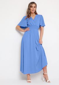 Born2be - Niebieska Sukienka z Rozkloszowanymi Rękawami Gumką w Pasie i Wiązaniem na Plecach Larielle. Okazja: na imprezę, na co dzień. Typ kołnierza: dekolt w kształcie V. Kolor: niebieski. Materiał: bawełna. Typ sukienki: proste. Styl: casual, elegancki #7