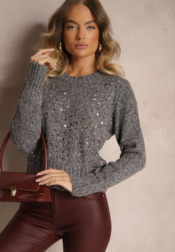 Renee - Ciemnoszary Casualowy Sweter z Bawełną i Cekinami Savintha. Okazja: na co dzień. Kolor: szary. Materiał: bawełna. Wzór: aplikacja. Styl: casual