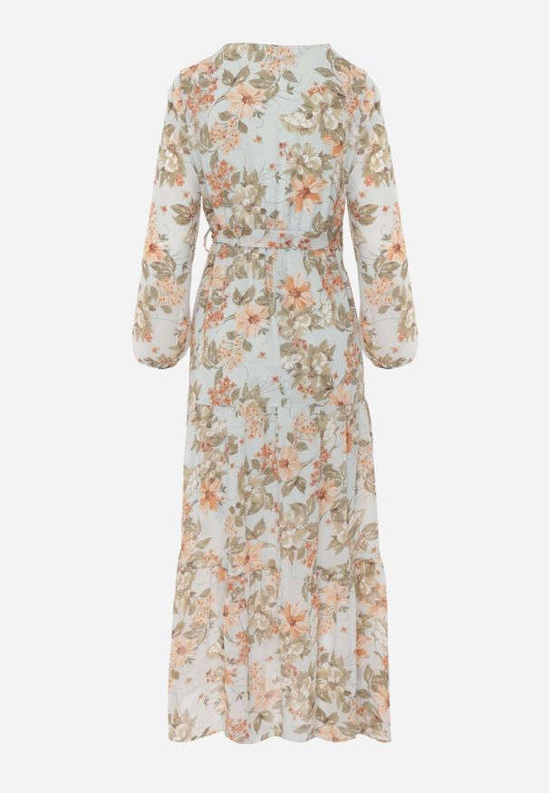 Born2be - Miętowa Rozkloszowana Sukienka w Kwiaty Maxi z Gumką i Wiązaniem w Pasie Manirisa. Kolor: miętowy. Materiał: materiał. Długość rękawa: długi rękaw. Wzór: kwiaty. Typ sukienki: kopertowe. Długość: maxi