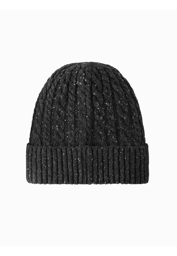 Ombre Clothing - Męska czapka beanie z okrągłą tłoczoną naszywką – grafitowa V1 OM-ACWH-0121 - uniwersalny. Kolor: szary. Materiał: poliester, akryl, wełna. Wzór: aplikacja. Styl: casual