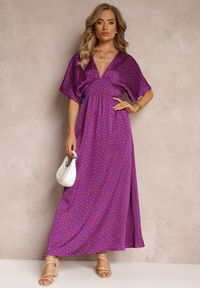 Renee - Fioletowa Rozkloszowana Sukienka Maxi w Kropki z Głębokim Dekoltem Sallo. Kolor: fioletowy. Wzór: kropki. Długość: maxi #4