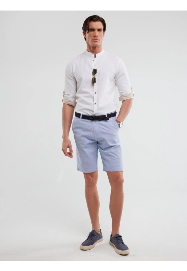 Big-Star - Szorty męskie bawełniane błękitne Gusto 401. Kolor: niebieski. Materiał: bawełna. Wzór: prążki. Styl: wakacyjny, klasyczny