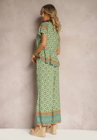 Renee - Zielony Komplet z Wiskozy w Stylu Boho Bluzka z Krótkim Rękawem i Spodnie z Gumką w Pasie Valesia. Kolor: zielony. Materiał: wiskoza #3