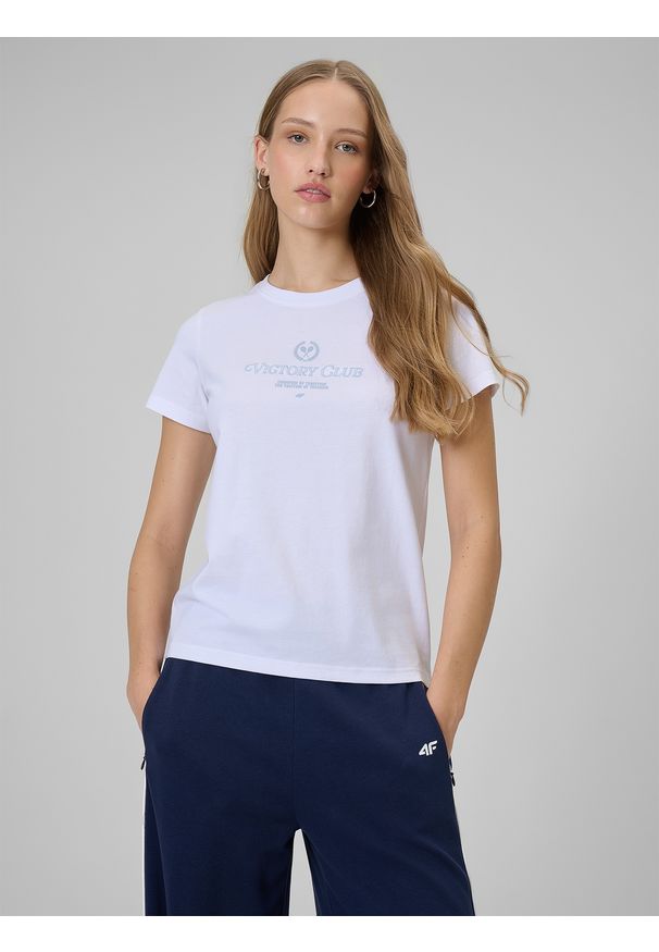 4f - 4F T-shirt regular z nadrukiem damski - biały XS. Okazja: na co dzień. Kolor: biały. Materiał: dzianina, bawełna, materiał. Wzór: nadruk. Styl: klasyczny, casual