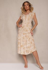 Renee - Beżowa Sukienka z Bawełny we Florystyczny Print Rozkloszowana Diviora. Kolor: beżowy. Materiał: bawełna. Długość rękawa: krótki rękaw. Wzór: nadruk. Typ sukienki: rozkloszowane