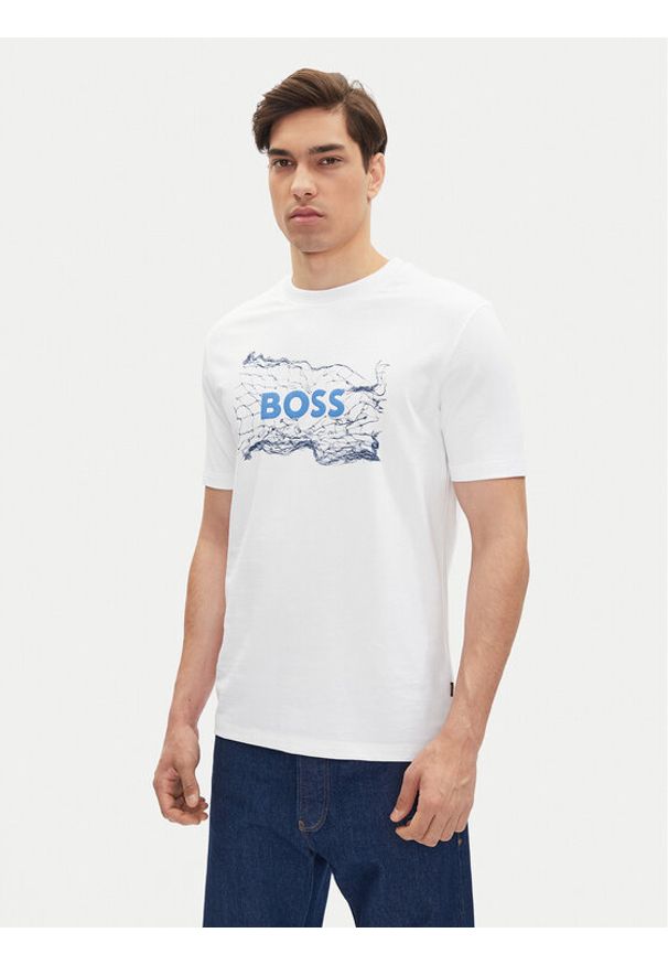 BOSS T-Shirt Logo Space 50539186 Biały Regular Fit. Kolor: biały. Materiał: bawełna