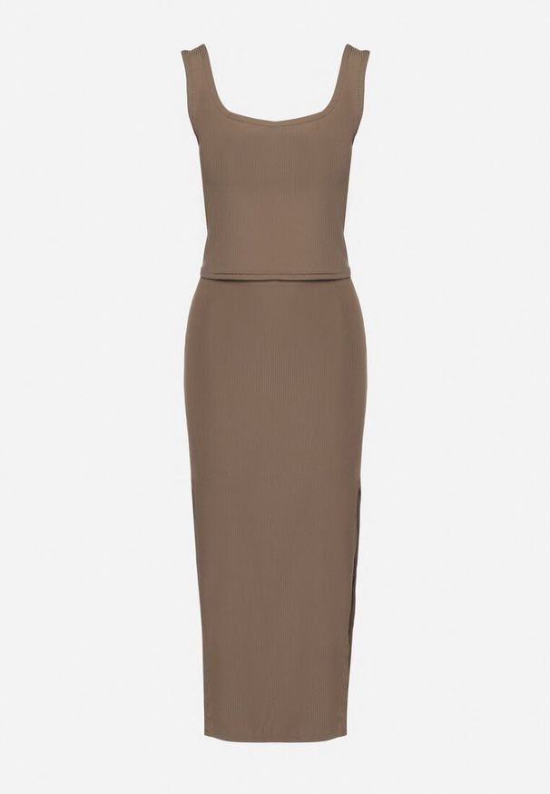 Born2be - Zielony Komplet z Prążkowanej Dzianiny Top na Szerokich Ramiączkach i Spódnica z Rozcięciem na Boku Uola. Kolor: zielony. Materiał: dzianina, prążkowany