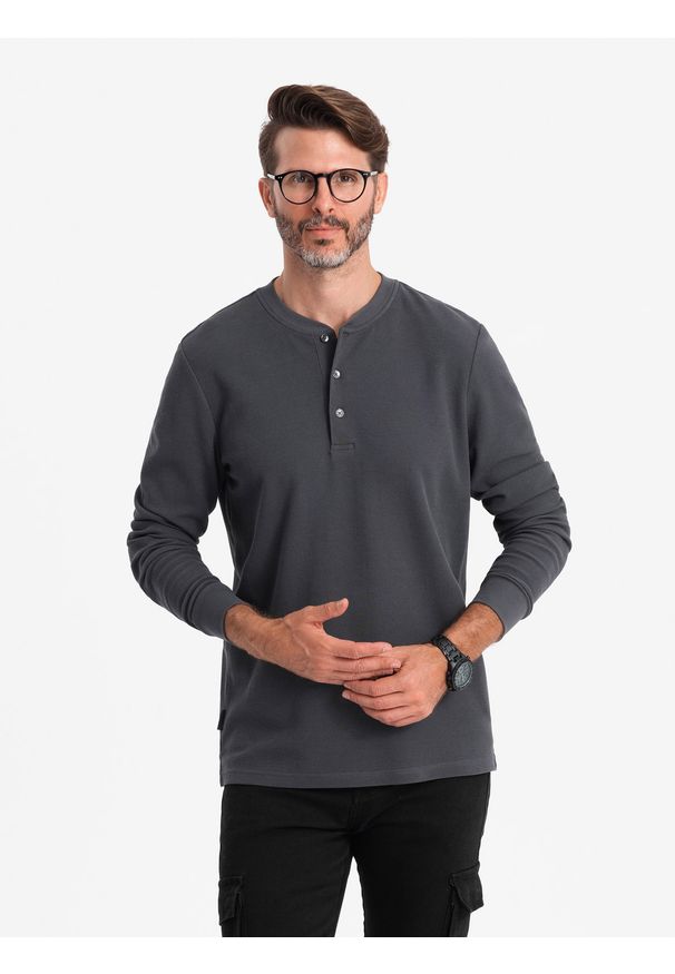 Ombre Clothing - Męski longsleeve zapinany pod szyją z dzianiny waflowej – grafitowy V3 - Rozmiar: S. Okazja: na co dzień. Typ kołnierza: typu henley. Kolor: szary. Materiał: dzianina. Długość rękawa: długi rękaw. Długość: długie. Styl: casual