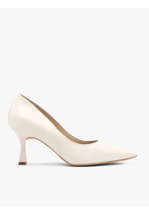 Ryłko - Kremowe ślubne czółenka z obcasem flare. Okazja: na ślub cywilny, na wesele. Kolor: beżowy. Materiał: skóra. Obcas: na obcasie. Styl: street, klasyczny, elegancki. Wysokość obcasa: średni