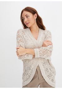 bonprix - Sweter bez zapięcia. Kolor: biały. Wzór: ażurowy, aplikacja. Sezon: lato #1