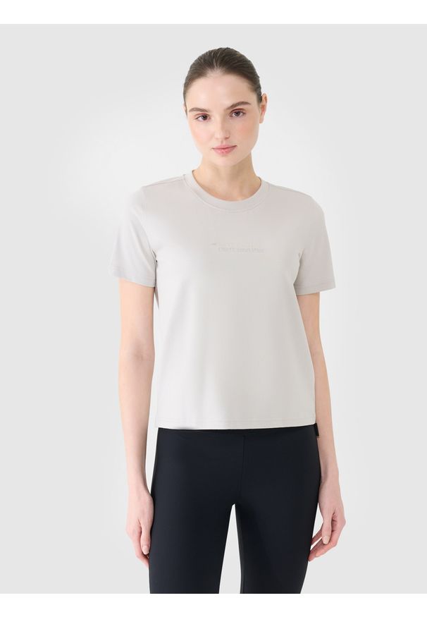 4f - 4F T-shirt regular z nadrukiem damski - szary M. Okazja: na co dzień. Kolor: szary. Materiał: dzianina, bawełna, jersey. Wzór: nadruk. Styl: casual, klasyczny, sportowy