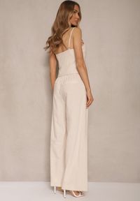 Renee - Beżowy Elegancki Komplet Top z Guzikami i Szerokie Spodnie z Wiskozy i Bawełny Divianne. Kolor: beżowy. Materiał: bawełna, wiskoza