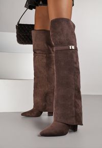 Renee - Brązowe Kozaki na Słupku w Stylu Kowbojek z Wywiniętą Cholewką i Ozdobą Neliesa. Okazja: na co dzień. Kolor: brązowy. Materiał: jeans. Szerokość cholewki: normalna. Wzór: aplikacja. Obcas: na słupku. Styl: casual #6