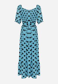 Born2be - Niebiesko-Czarna Sukienka z Bufiastymi Rękawami i Gumkami przy Dekolcie z Falbanką i Paskiem w Talii Tesree. Okazja: na co dzień. Typ kołnierza: dekolt kwadratowy. Kolor: niebieski. Materiał: bawełna, materiał. Styl: casual, retro #6