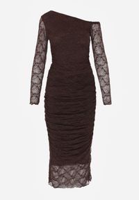 Born2be - Brązowy Koronkowy Komplet Dopasowana Spódnica i Bluzka na Jedno Ramię Calonara. Kolor: brązowy. Materiał: koronka #6