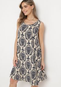 Born2be - Beżowo-Granatowa Rozkloszowana Sukienka z Bawełny bez Rękawów Horrilla. Kolor: beżowy. Materiał: bawełna. Długość rękawa: bez rękawów. Sezon: lato. Styl: boho #1