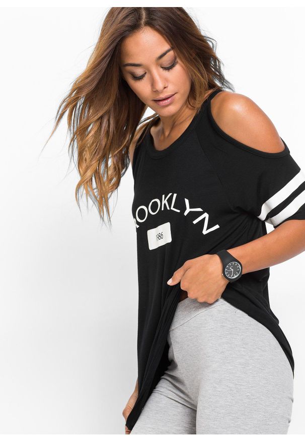 bonprix - Shirt z miękkiej wiskozy. Kolor: czarny. Materiał: wiskoza. Wzór: napisy, nadruk, aplikacja