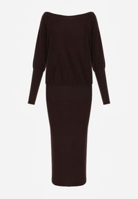 Renee - Brązowa Nietoperzowa Sukienka z Dzianiny z Wiskozą z Dekoltem w Łódkę Yuzoma. Typ kołnierza: dekolt w łódkę. Kolor: brązowy. Materiał: dzianina, wiskoza. Typ sukienki: oversize #4