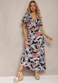 Renee - Czarno-Niebieska Rozkloszowana Sukienka z Bawełny o Kopertowym Kroju w Print Paisley Piavella. Okazja: na co dzień. Kolor: czarny. Materiał: bawełna. Wzór: paisley, nadruk. Typ sukienki: kopertowe. Styl: elegancki, casual