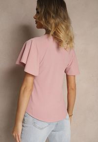 Renee - Różowa Bluzka Ozdobiona Rozkloszowanymi Rękawami Sunetha. Okazja: na co dzień. Typ kołnierza: dekolt w kształcie V. Kolor: różowy. Materiał: jeans. Wzór: aplikacja. Styl: elegancki, casual