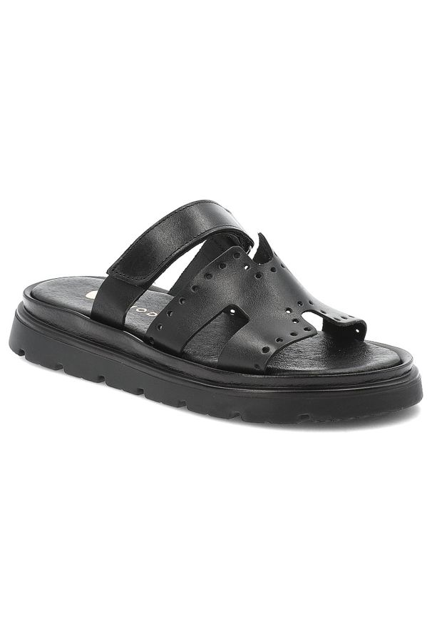 Czarne Klapki Armodo Obuwie Damskie Na Płaskiej Podeszwie. Kolor: czarny. Materiał: skóra. Sezon: lato. Obcas: na płaskiej podeszwie