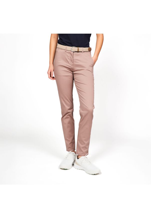 INESIS - Spodnie do golfa chino damskie Inesis MW500 bawełniane. Kolor: brązowy, różowy, wielokolorowy. Materiał: poliester, materiał, elastan, bawełna. Sport: golf