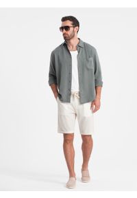 Ombre Clothing - Męskie krótkie spodenki z dodatkiem lnu - kremowe V2. Okazja: na co dzień. Kolor: kremowy. Materiał: len. Długość: krótkie. Sezon: lato. Styl: wakacyjny, casual