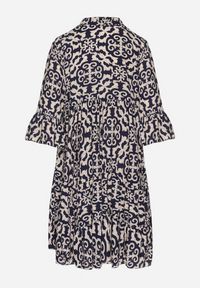 Born2be - Granatowa Sukienka Rozkloszowana z Bawełny w Etniczny Wzór Zalista. Okazja: na co dzień. Kolor: niebieski. Materiał: bawełna. Typ sukienki: rozkloszowane. Styl: boho, casual #4