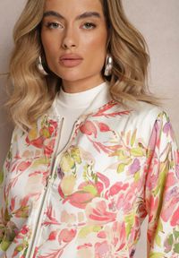 Renee - Biała Kurtka Bomberka w Kwiaty ze Ściągaczami Lirissa. Kolor: biały. Wzór: kwiaty. Styl: elegancki #4